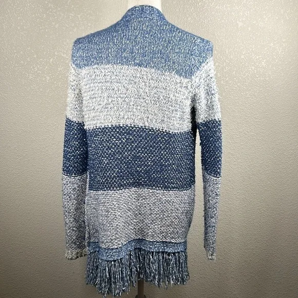 Lucky Brand Wool Blend Knit Striped Open Cardigan with Fringe Trim Size Small - Picture 6 of 8